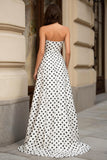 Witte zwarte A-lijn strapless polkadots lange galajurk met split