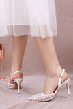 Elegante witte spitse slingback stiletto hakken trouwschoenen met bloemige applicaties