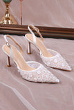 Elegante witte spitse slingback stiletto hakken trouwschoenen met bloemige applicaties
