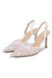 Elegante witte spitse slingback stiletto hakken trouwschoenen met bloemige applicaties