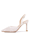 Elegante witte spitse slingback stiletto hakken trouwschoenen met bloemige applicaties