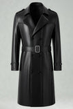 Zwarte lange herenjas met inkepende revers en lange trenchcoat