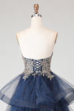 Glitter Navy A Line strapless appliqué lange galajurk met spiraalruches