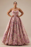 Strapless roze jacquard korset prinses bloemen lange galajurk met veter op de rug