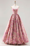 Strapless roze jacquard korset prinses bloemen lange galajurk met veter op de rug