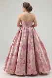 Strapless roze jacquard korset prinses bloemen lange galajurk met veter op de rug