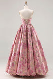 Strapless roze jacquard korset prinses bloemen lange galajurk met veter op de rug