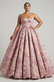 Prinsessenroze bloemen strapless korset lange jurk met een gala in plusmaat met kant op de rug