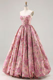 Strapless roze jacquard korset prinses bloemen lange galajurk met veter op de rug