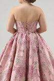 Prinsessenroze bloemen strapless korset lange jurk met een gala in plusmaat met kant op de rug