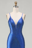 Koninklijk blauwe zeemeermin-bezet satijnen lange galajurk met split