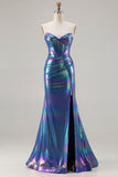 Metallic marineblauw zeemeermin strapless korset lange galajurk met split