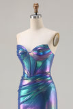 Metallic marineblauw zeemeermin strapless korset lange galajurk met split