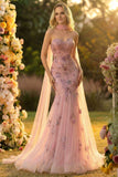 Sweetheart Blush zeemeermin geborduurde lange galajurk met halsdoek