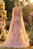 Sweetheart Blush zeemeermin geborduurde lange galajurk met halsdoek