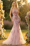 Sweetheart Blush zeemeermin geborduurde lange galajurk met halsdoek