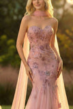 Sweetheart Blush zeemeermin geborduurde lange galajurk met halsdoek