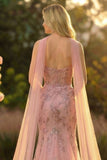 Sweetheart Blush zeemeermin geborduurde lange galajurk met halsdoek
