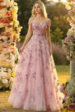 Off-the-shoulder blush A-lijn korset pailletten lange galajurk
