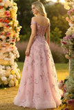 Off-the-shoulder blush A-lijn korset pailletten lange galajurk