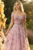 Off-the-shoulder blush A-lijn korset pailletten lange galajurk