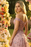 Off-the-shoulder blush A-lijn korset pailletten lange galajurk