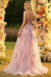 Blush A Line Geborduurde vierkante hals lange tule galajurk