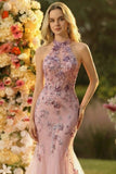 Meermin halter blush tule geborduurde lange galajurk met pailletten