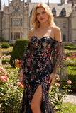 Zwarte roze bloemenpailletten zeemeermin off-shoulder lange galajurk met split