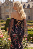 Zwarte roze bloemenpailletten zeemeermin off-shoulder lange galajurk met split