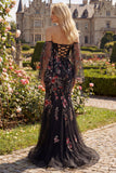Zwarte roze bloemenpailletten zeemeermin off-shoulder lange galajurk met split