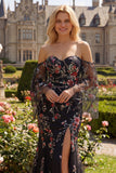 Zwarte roze bloemenpailletten zeemeermin off-shoulder lange galajurk met split