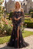 Zwarte roze bloemenpailletten zeemeermin off-shoulder lange galajurk met split