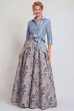 Navy Jacquard 3/4 mouwen A-lijn lange moeder van de bruid jurk met strikknoop