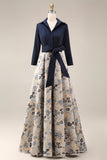 Navy Jacquard 3/4 mouwen A-lijn lange moeder van de bruid jurk met strikknoop