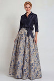 Navy Jacquard 3/4 mouwen A-lijn lange moeder van de bruid jurk met strikknoop