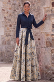 Navy Jacquard 3/4 mouwen A-lijn lange moeder van de bruid jurk met strikknoop