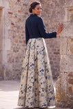 Navy Jacquard 3/4 mouwen A-lijn lange moeder van de bruid jurk met strikknoop