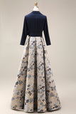 Navy Jacquard 3/4 mouwen A-lijn lange moeder van de bruid jurk met strikknoop