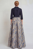 Navy Jacquard 3/4 mouwen A-lijn lange moeder van de bruid jurk met strikknoop