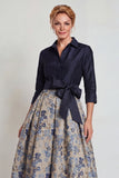 Navy Jacquard 3/4 mouwen A-lijn lange moeder van de bruid jurk met strikknoop