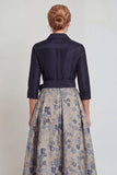 Navy Jacquard 3/4 mouwen A-lijn lange moeder van de bruid jurk met strikknoop