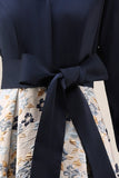 Navy Jacquard 3/4 mouwen A-lijn lange moeder van de bruid jurk met strikknoop