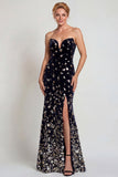 Glitterende zwarte zilveren strapless zeemeermin Moeder van de Bruid jurk met pailletten