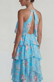 Blauwroze bedrukte bloemenhalter met laaggelaagde chiffon A-lijn midi-jurk met ruches