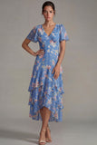 Blauwe V-hals roze bloemen Chiffon Rugche-jurk A-lijn midi jurk met korte mouwen