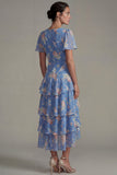 Blauwe V-hals roze bloemen Chiffon Rugche-jurk A-lijn midi jurk met korte mouwen
