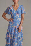 Blauwe V-hals roze bloemen Chiffon Rugche-jurk A-lijn midi jurk met korte mouwen