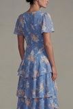 Blauwe V-hals roze bloemen Chiffon Rugche-jurk A-lijn midi jurk met korte mouwen
