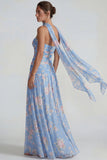 Blauwe chiffon bloemen strapless gerimpelde een lange formele jurk met linten